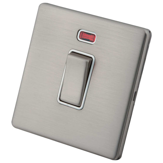 M2 Decorative Screwless 45A DP 1 Gang Switch with Neon White Insert Brushed Stainless Steel
