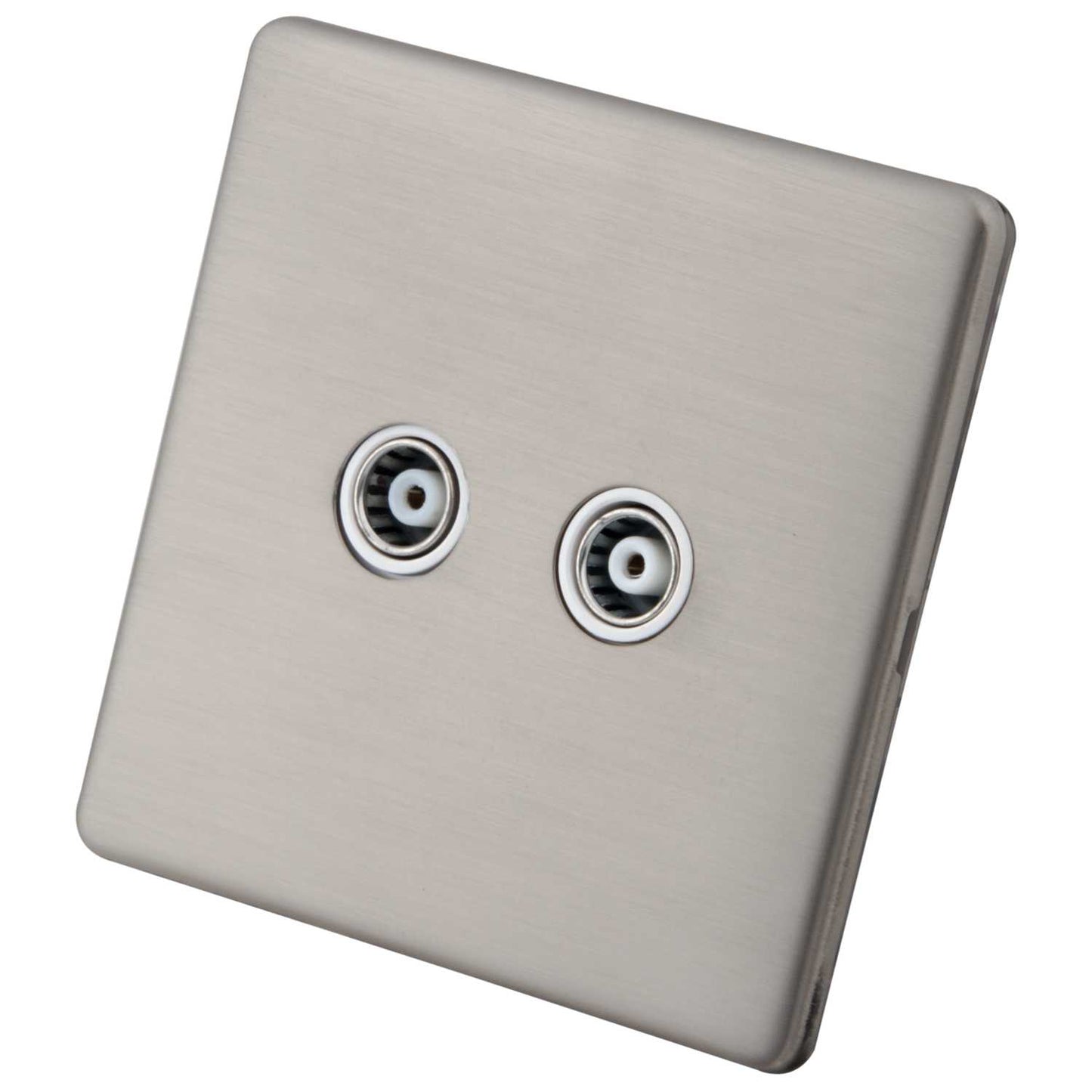 M2 Decorative Screwless 1 Gang Twin Coaxial Socket White Insert Brushed Stainless Steel