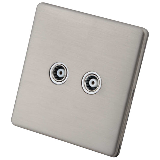 M2 Decorative Screwless 1 Gang Twin Coaxial Socket White Insert Brushed Stainless Steel