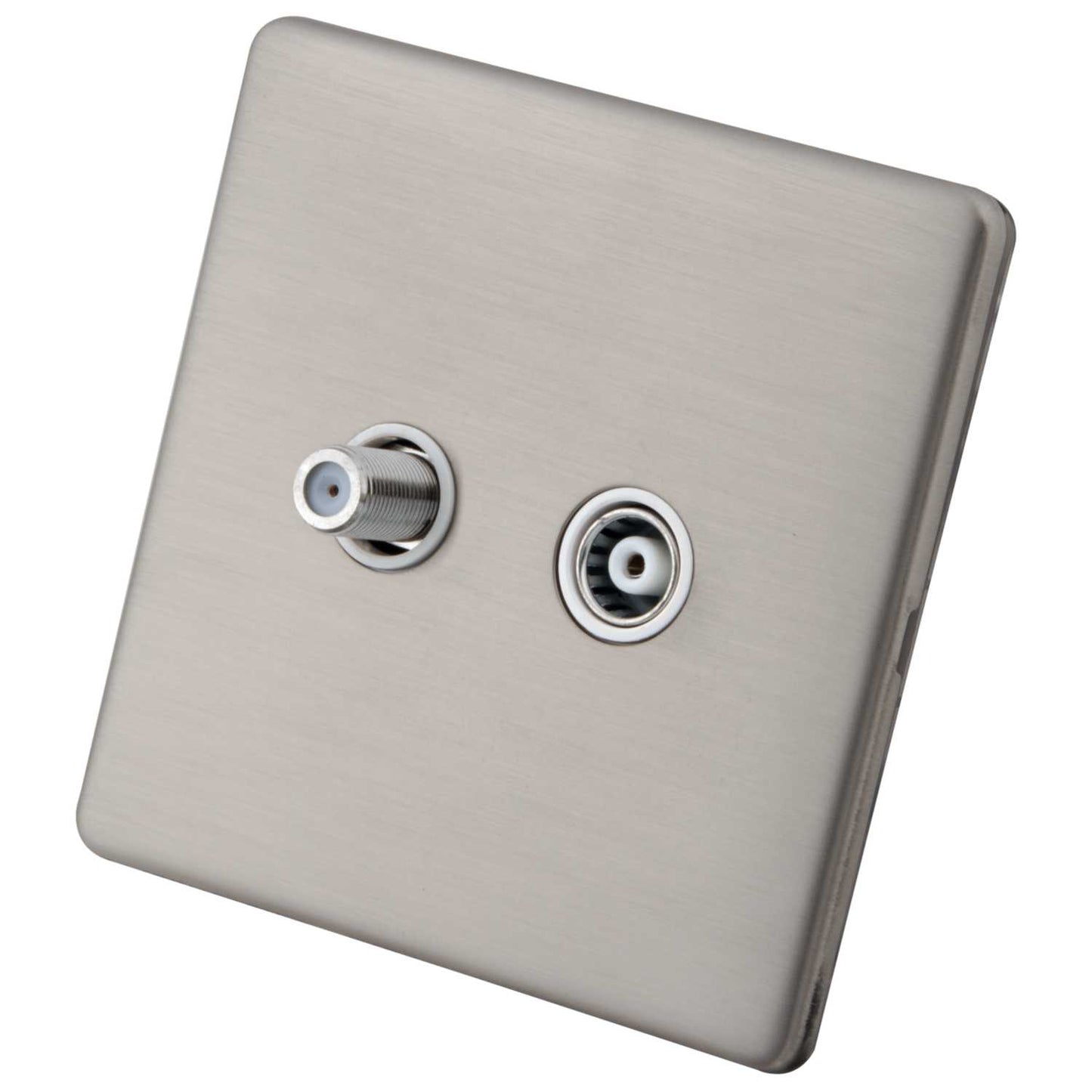 M2 Decorative Screwless 1 Gang Satellite and Coaxial Socket White Insert Brushed Stainless Steel
