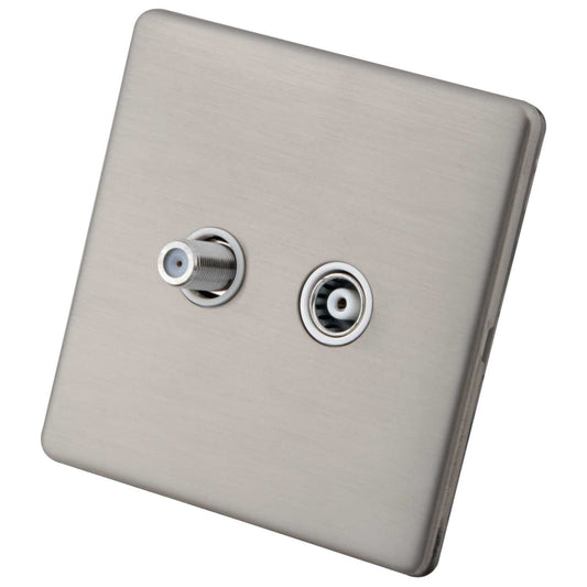 M2 Decorative Screwless 1 Gang Satellite and Coaxial Socket White Insert Brushed Stainless Steel
