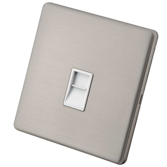 M2 Decorative Screwless 1 Gang RJ11 Telephone Socket White Insert Brushed Stainless Steel