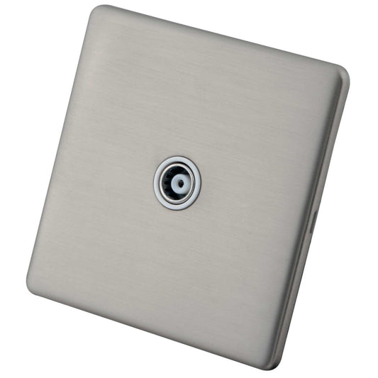 M2 Decorative Screwless 1 Gang Isolated Coaxial Socket White Insert Brushed Stainless Steel