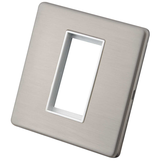 M2 Decorative Screwless 1 Gang 1 Euro Module Front Plate White Insert Brushed Stainless Steel