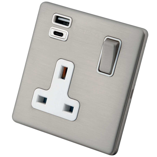 M2 Decorative Screwless 13A 1 Gang Socket with Type A and C USB White Insert Brushed Stainless Steel