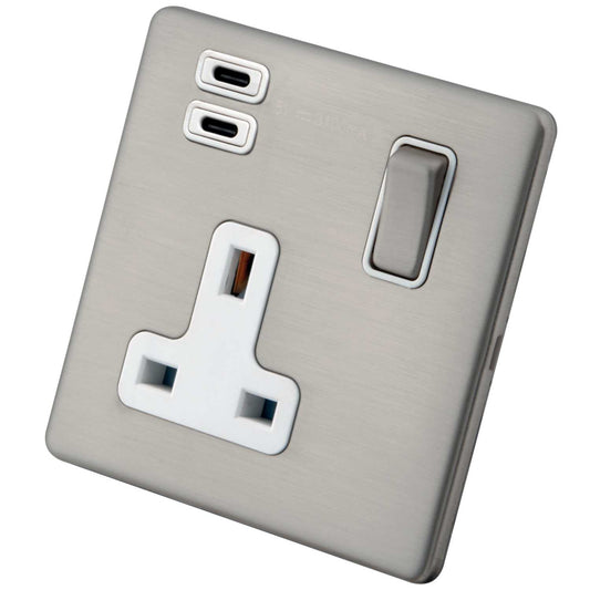 M2 Decorative Screwless 13A 1 Gang Switched Socket 2 x Type C USB White Insert Brushed Stainless Steel