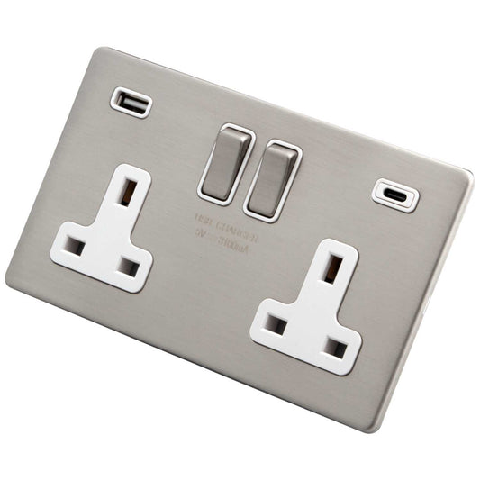 M2 Decorative Screwless 13A 2 Gang Socket with Type A and C USB White Insert Brushed Stainless Steel