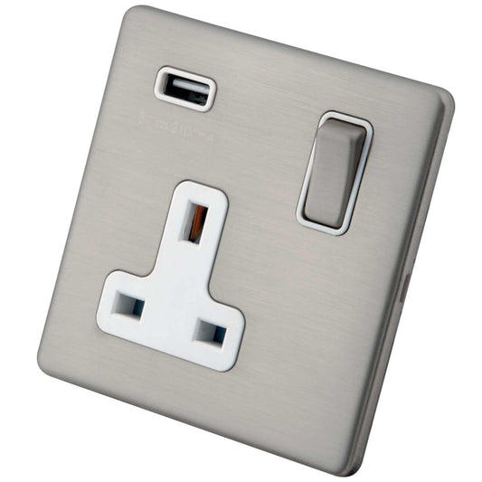 M2 Decorative Screwless 13A 1 Gang Switched Socket with 2.1A USB White Insert Brushed Stainless Steel