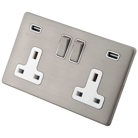 M2 Decorative Screwless 13A 2 Gang Socket with Twin 3.1A USB White Insert Brushed Stainless Steel