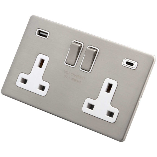 M2 Decorative Screwless 13A 2 Gang Socket 1 x Type A and 1 x Type C White Insert Brushed Stainless Steel