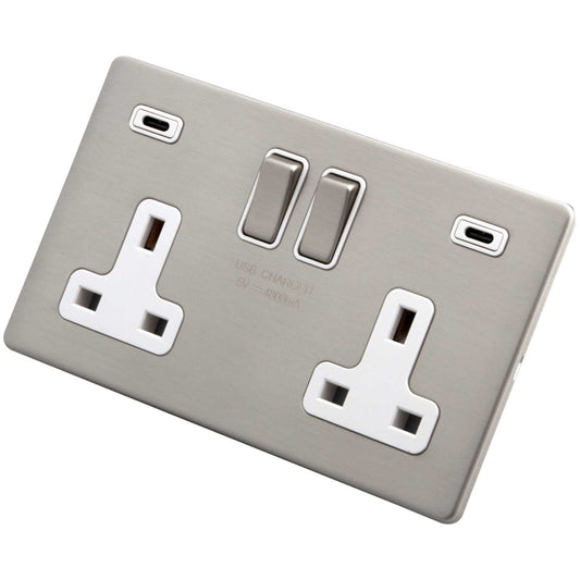 M2 Decorative Screwless 13A 2 Gang Switched Socket 2 x Type C USB White Insert Brushed Stainless Steel
