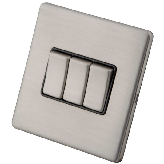 M2 Decorative Screwless 10A 3 Gang 2 Way Light Switch Black Insert Brushed Stainless Steel