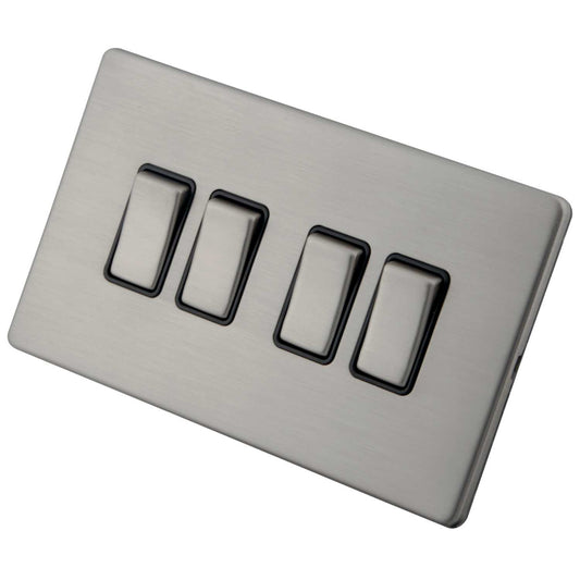 M2 Decorative Screwless 10A 4 Gang 2 Way Light Switch Black Insert Brushed Stainless Steel