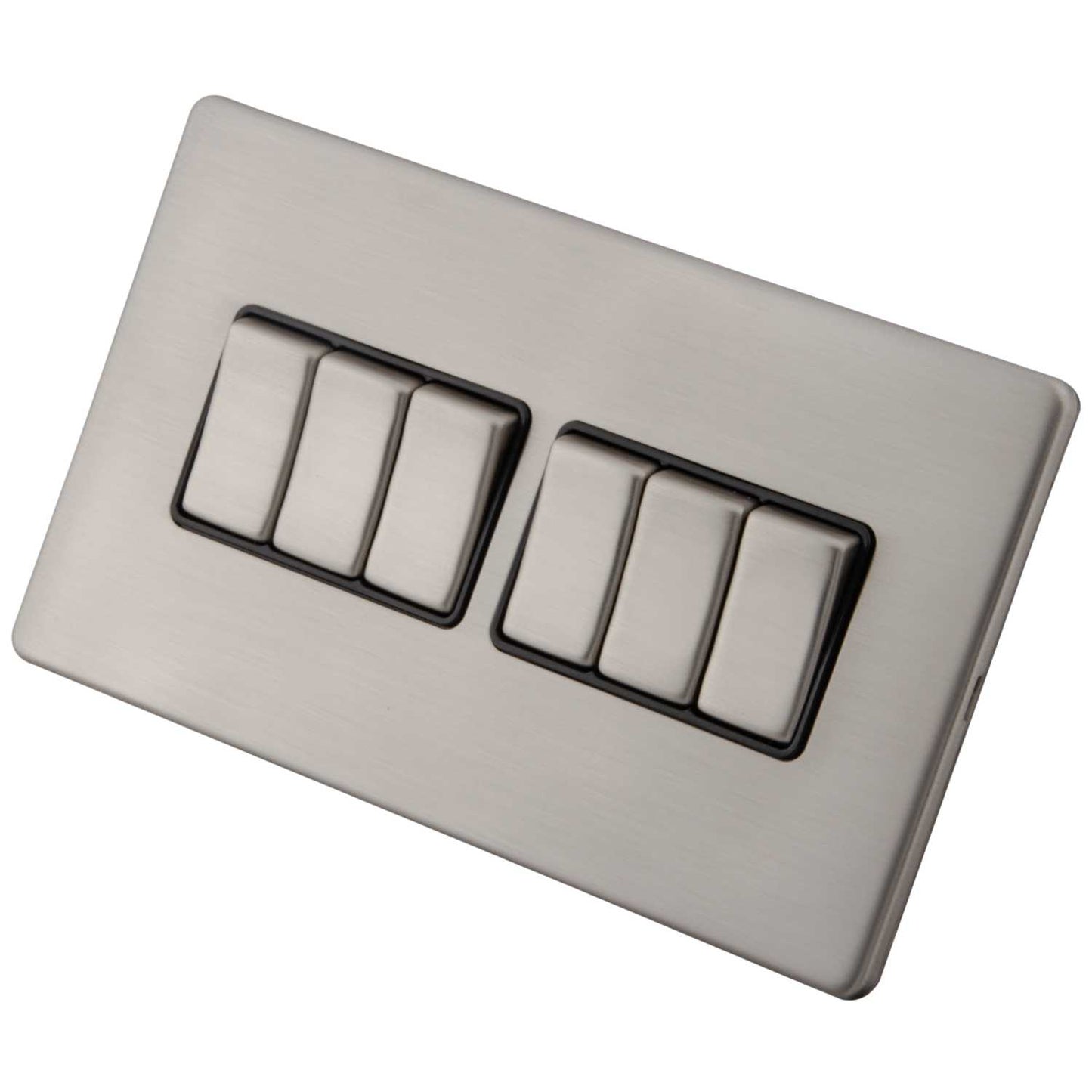 M2 Decorative Screwless 10A 6 Gang 2 Way Light Switch Black Insert Brushed Stainless Steel