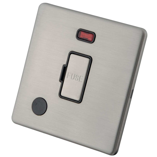 M2 Decorative Screwless 13A Unswitched Fused Spur with Neon and F/Outlet Black Insert Brushed Stainless