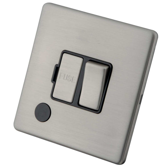 M2 Decorative Screwless 13A Switched Fused Spur with F/Outlet Black Insert Brushed Stainless Steel