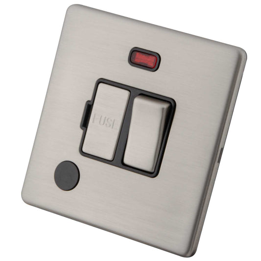 M2 Decorative Screwless 13A Switched Fused Spur with Neon and F/Outlet Black Insert Brushed Stainless