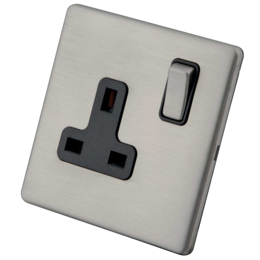 M2 Decorative Screwless 13A DP 1 Gang Switched Socket Black Insert Brushed Stainless Steel