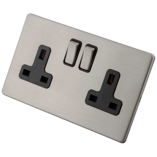 M2 Decorative Screwless 13A DP 2 Gang Switched Socket Black Insert Brushed Stainless Steel