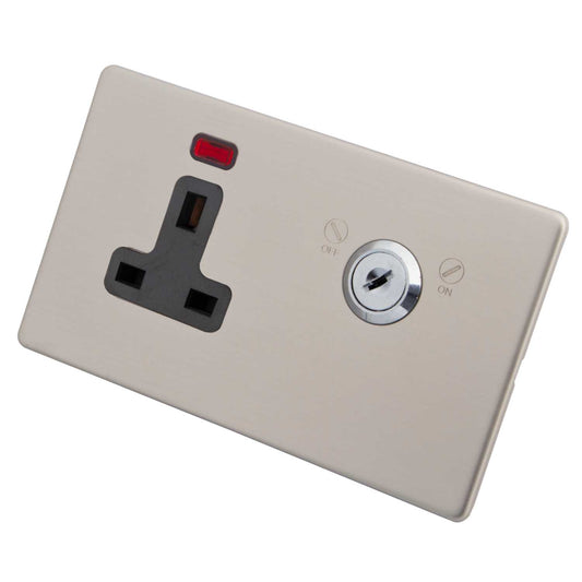 M2 Decorative Screwless 13A DP Key Lockable Socket Black Insert Brushed Stainless Steel