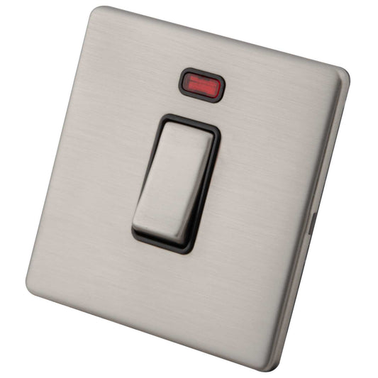 M2 Decorative Screwless 45A DP 1 Gang Switch with Neon Black Insert Brushed Stainless Steel