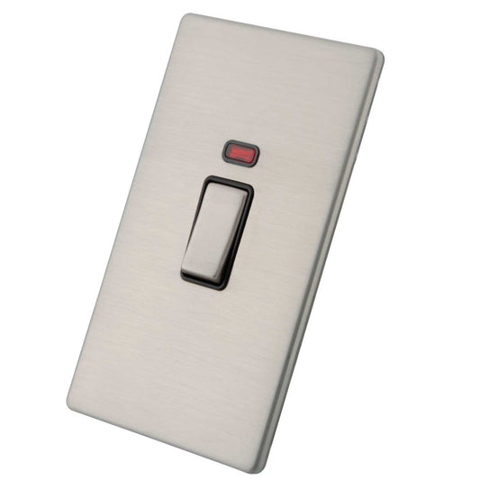 M2 Decorative Screwless 45A DP 2 Gang Switch with Neon Black Insert Brushed Stainless Steel