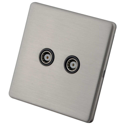 M2 Decorative Screwless 1 Gang Twin Coaxial Socket Black Insert Brushed Stainless Steel