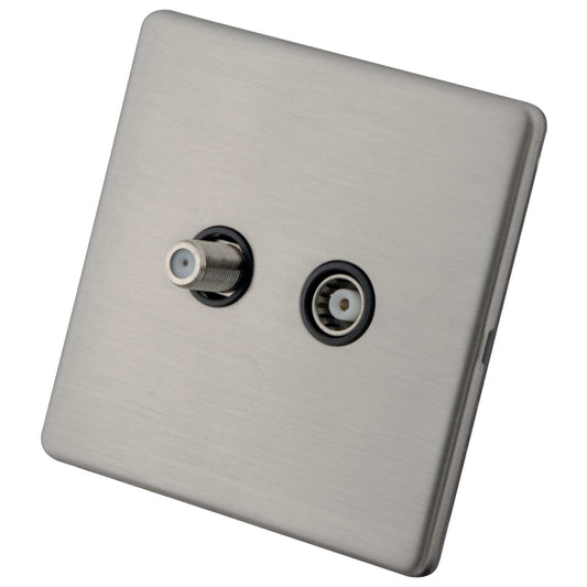 M2 Decorative Screwless 1 Gang Satellite and Coaxial Socket Black Insert Brushed Stainless Steel