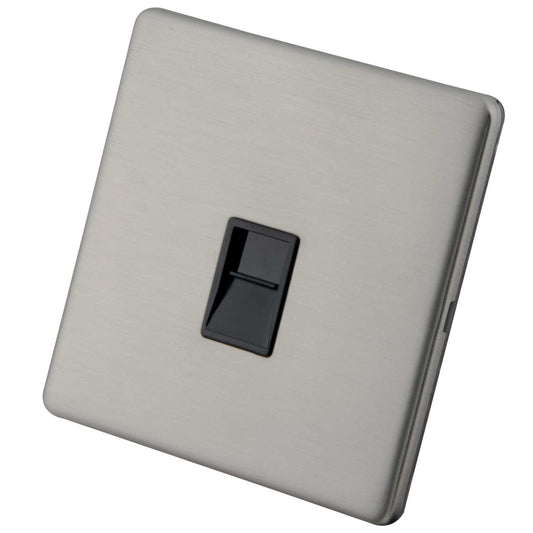 M2 Decorative Screwless 1 Gang RJ11 Outlet Black Insert Brushed Stainless Steel