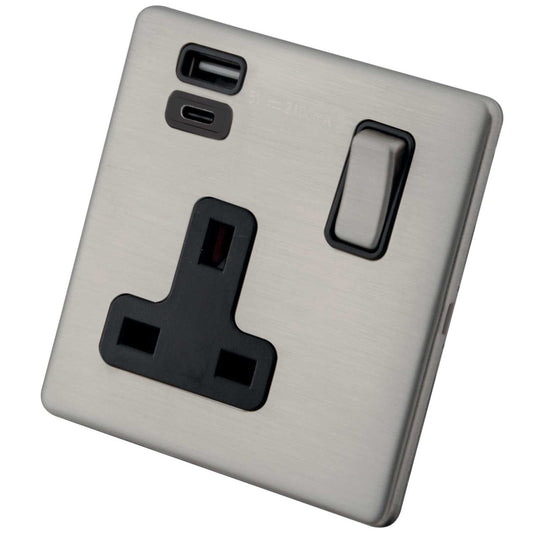 M2 Decorative Screwless 13A 1 Gang Socket 1 x Type A 1 x Type C USB Black Insert Brushed Stainless Steel