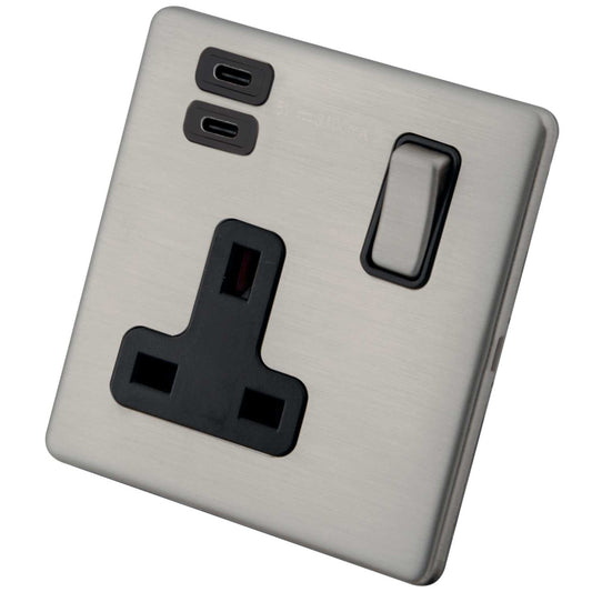 M2 Decorative Screwless 13A 1 Gang Switched Socket 2 x Type C USB Black Insert Brushed Stainless Steel
