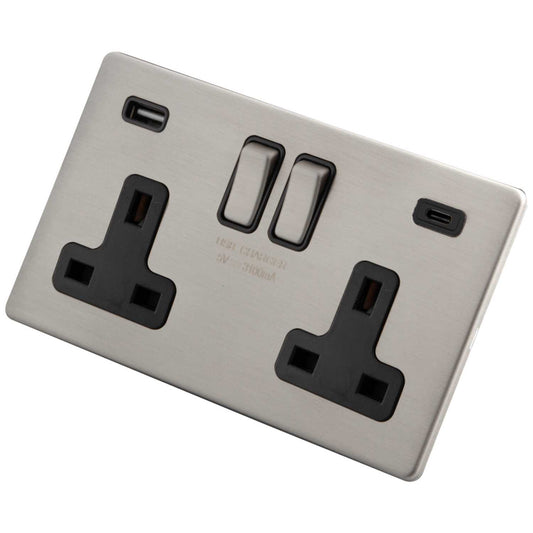 M2 Decorative Screwless 13A 2 Gang Socket Type A and Type C USB Black Insert Brushed Stainless Steel