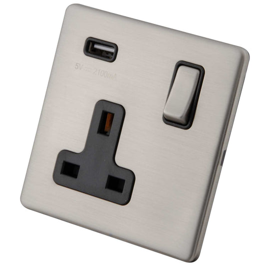 M2 Decorative Screwless 13A 1 Gang Switched Socket with USB Black Insert Brushed Stainless Steel