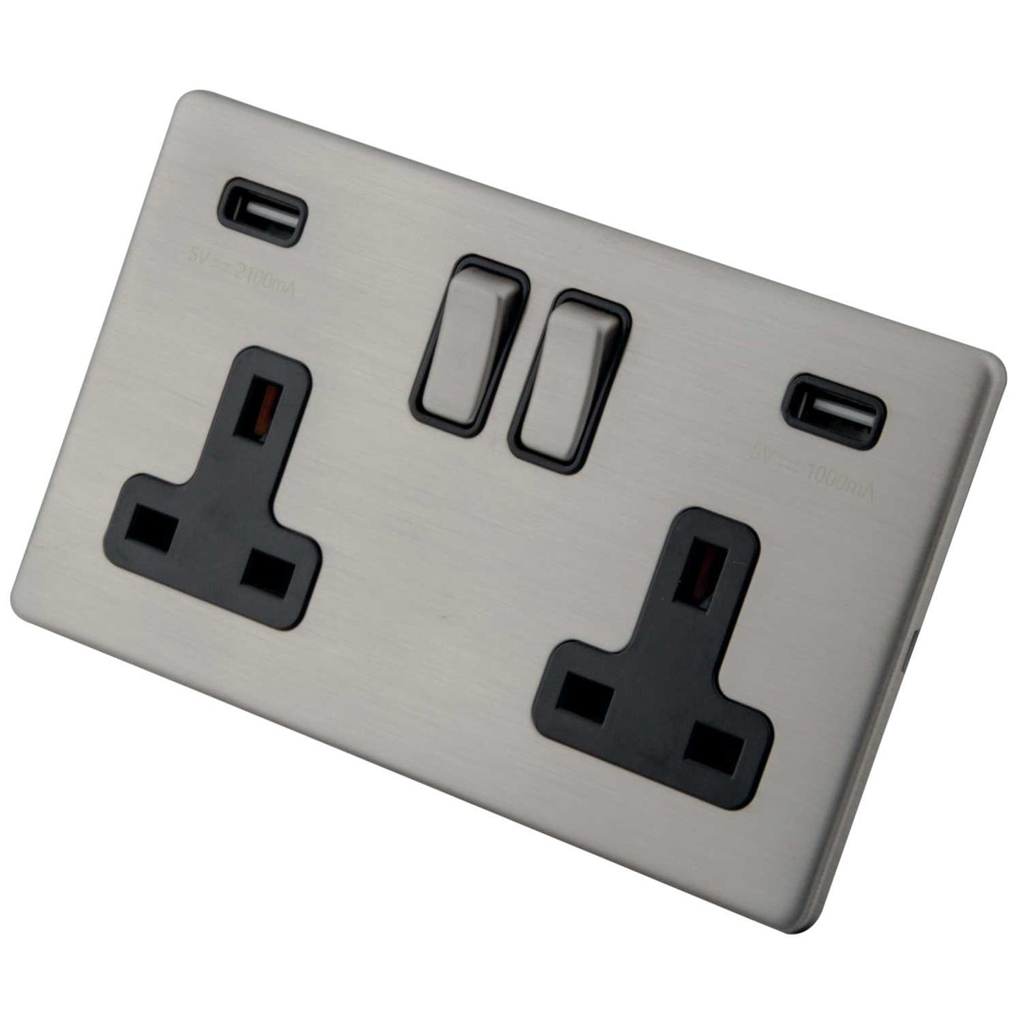 M2 Decorative Screwless 13A 2 Gang Switched Socket with USB Black Insert Brushed Stainless Steel