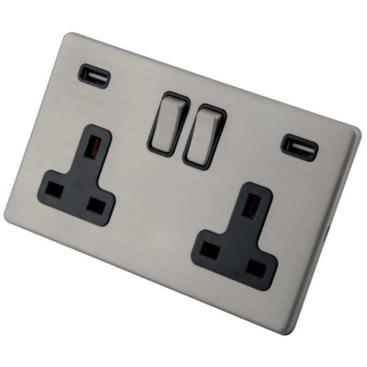 M2 Decorative Screwless 13A 2 Gang Switched Socket with USB Black Insert Brushed Stainless Steel
