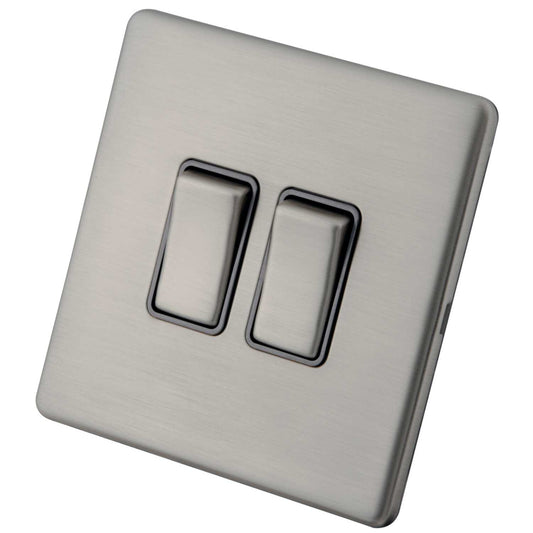M2 Decorative Screwless 10A 2 Gang 2 Way Light Switch Grey Insert Brushed Stainless Steel