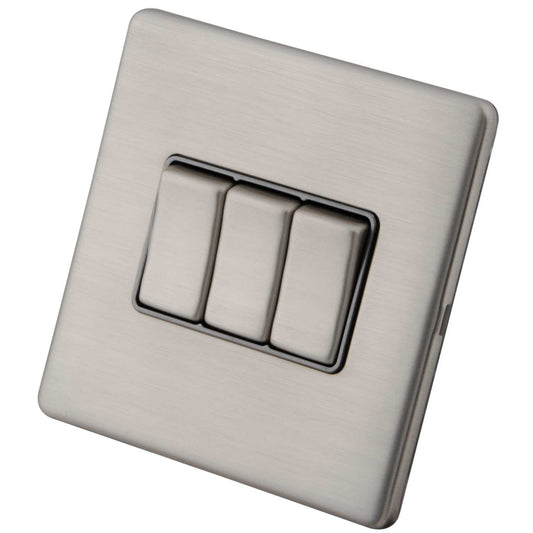 M2 Decorative Screwless 10A 3 Gang 2 Way Light Switch Grey Insert Brushed Stainless Steel