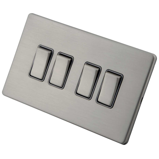 M2 Decorative Screwless 10A 4 Gang 2 Way Light Switch Grey Insert Brushed Stainless Steel