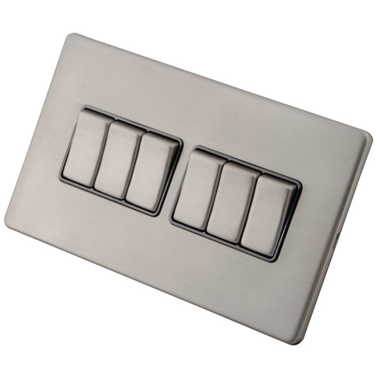 M2 Decorative Screwless 10A 6 Gang 2 Way Light Switch Grey Insert Brushed Stainless Steel