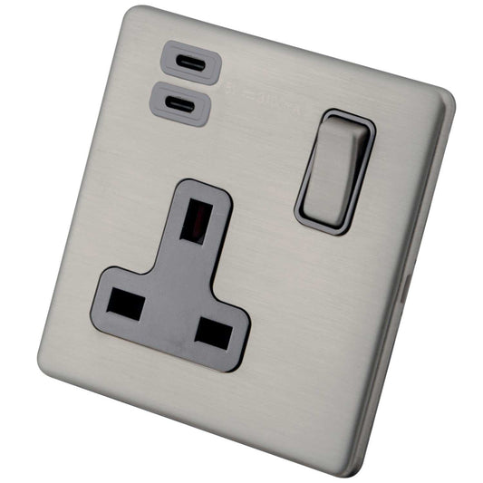 M2 Decorative Screwless 13A 1 Gang Switched Socket 2 x Type C USB Grey Insert Brushed Stainless Steel