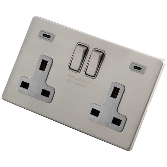 M2 Decorative Screwless 13A 2 Gang Switched Socket 2 x Type C USB Grey Insert Brushed Stainless Steel