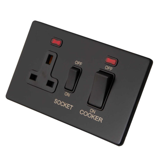 M2 Decorative Screwless 45A Cooker Control Unit with Neon Black Insert Painted Matt Black