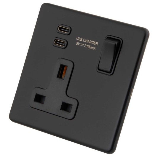 M2 Decorative Screwless 13A 1 Gang Switched Socket with 2 x Type C USB Outlets Painted Matt Black