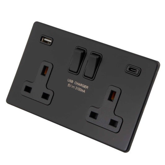 M2 Decorative Screwless 13A 2 Gang Socket with Type A and Type C USB Black Insert Painted Matt Black