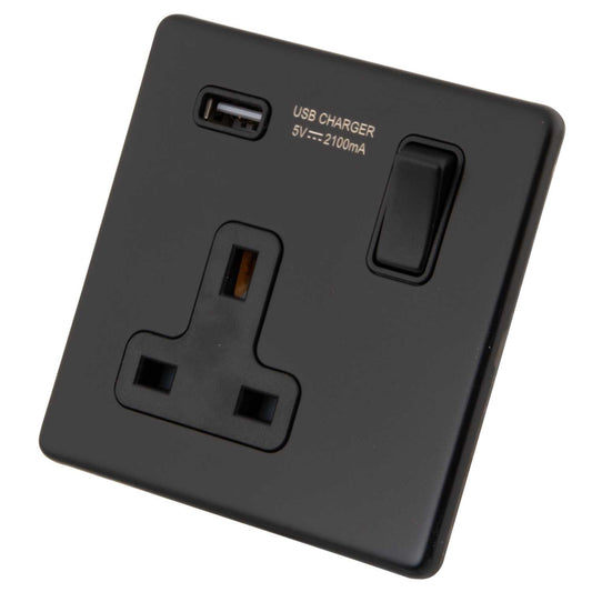 M2 Decorative Screwless 13A 1 Gang Switched Socket with 2.1A USB Outlet Black Insert Painted Matt Black