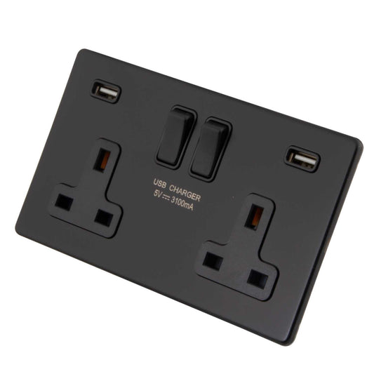 M2 Decorative Screwless 13A 2 Gang Switched Socket with Twin 3.1A USB Black Insert Painted Matt Black