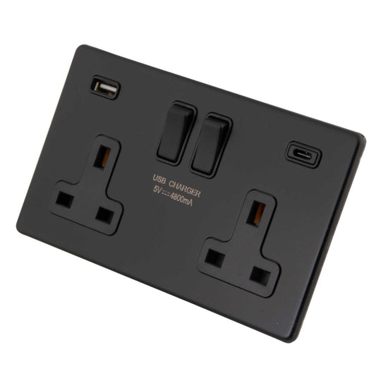 M2 Decorative Screwless 13A 2 Gang Socket with Type A and Type C USB Black Insert Painted Matt Black