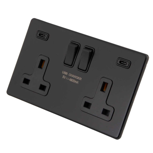 M2 Decorative Screwless 13A 2 Gang Switched Socket with 2 x Type C USB Black Insert Painted Matt Black