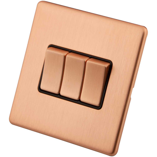 M2 Decorative Screwless 10A 3 Gang 2 Way Light Switch Black Insert Copper