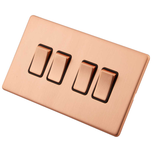 M2 Decorative Screwless 10A 4 Gang 2 Way Light Switch Black Insert Copper